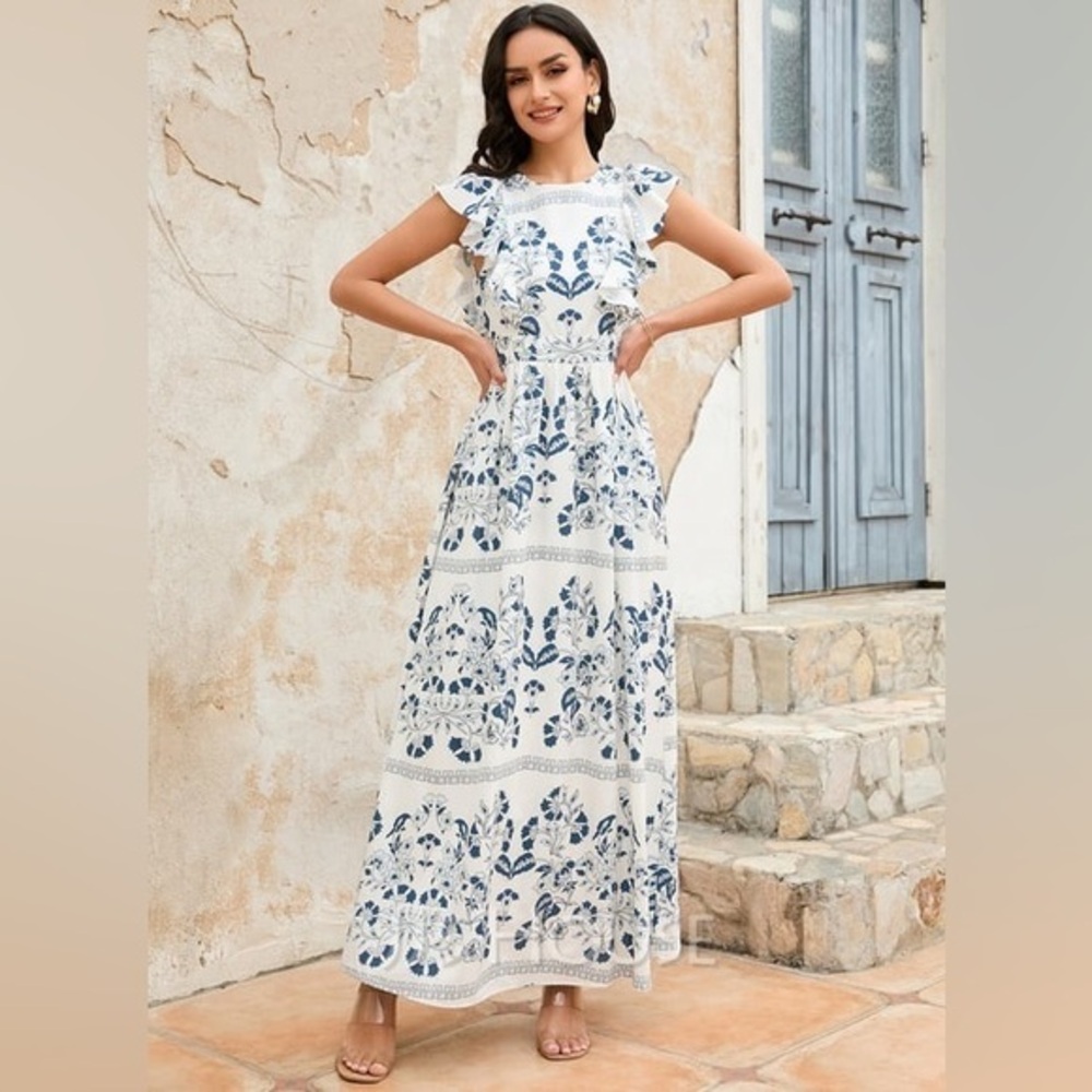 Jens Pirate Booty blue and white maxi dress with ruffle detail and open back
